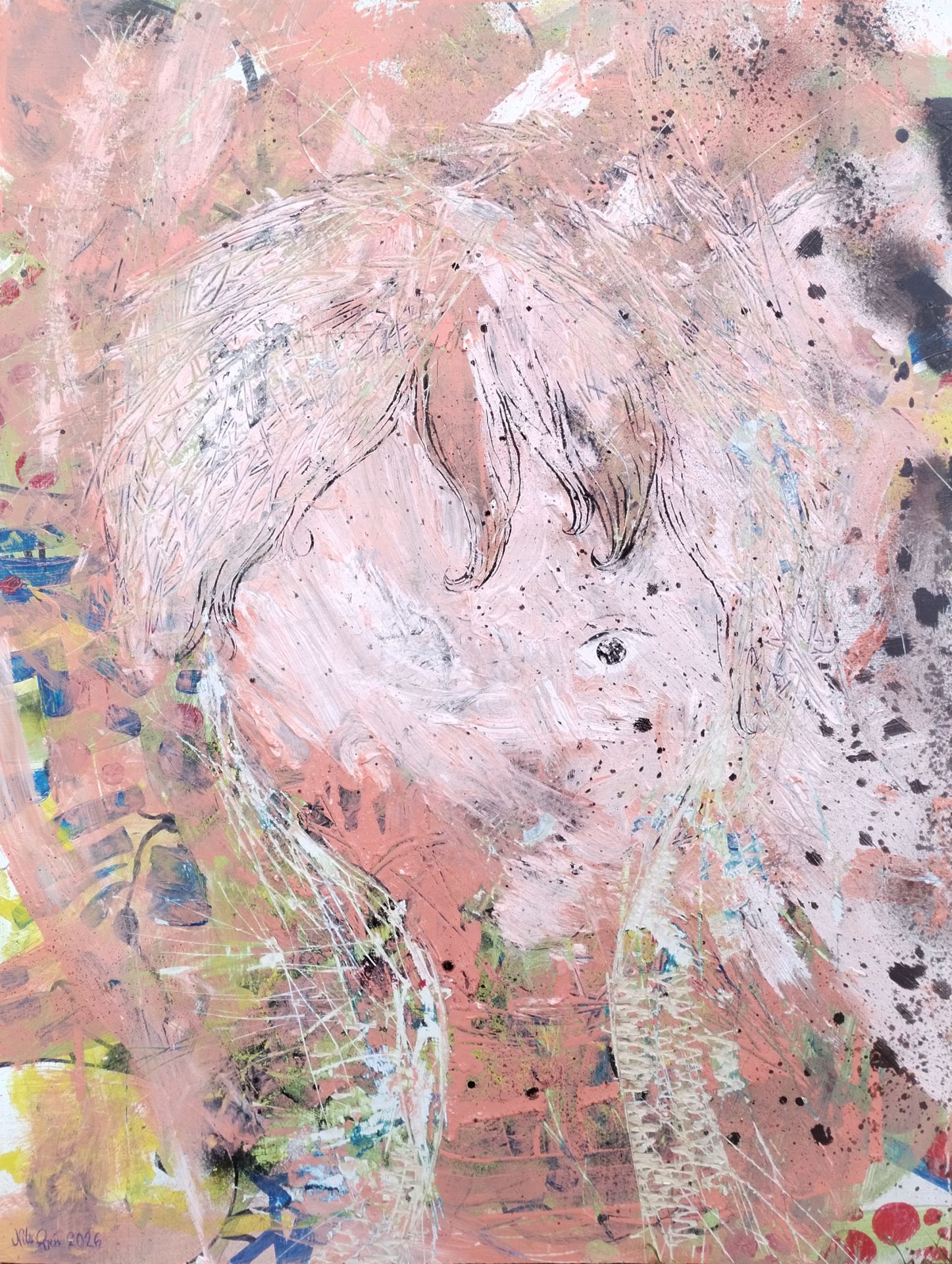 NILS QVIS Minne av ett bortglömt fejs, 2026 Inredningsfärg & tusch på fanér 55 x 75 cm