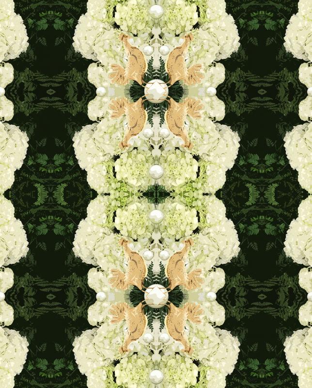 DJK Design Jaana Kähönen ''Hydrangea'' tygmönster, bredd 150 cm, digital design baserad på fotografier 2019,  (foto: Jaana Kähönen)