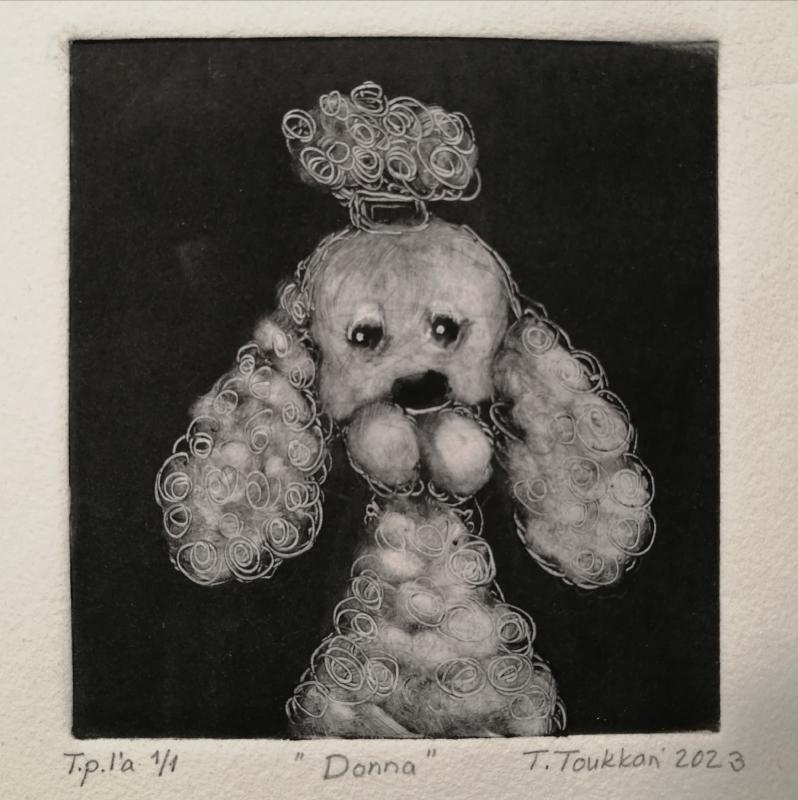 Tuula Toukkari, Donna, monotypia, 15x15cm, 2023 ,kuvaaja Tuula Toukkari