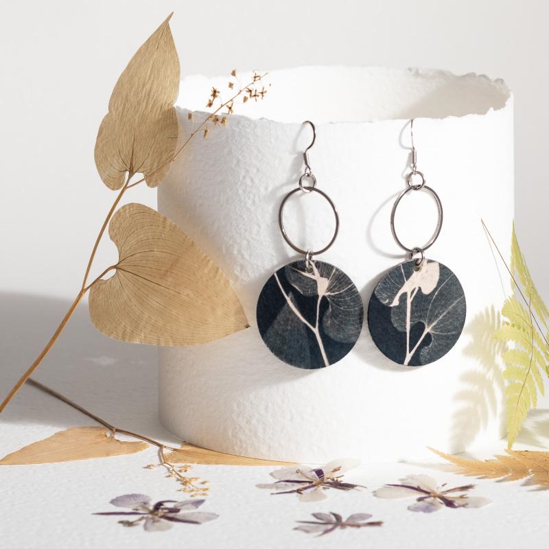 Maianthemum bifolium, cyanotyp örhängen, syanotypiakorvakorut, cyanotype earrings