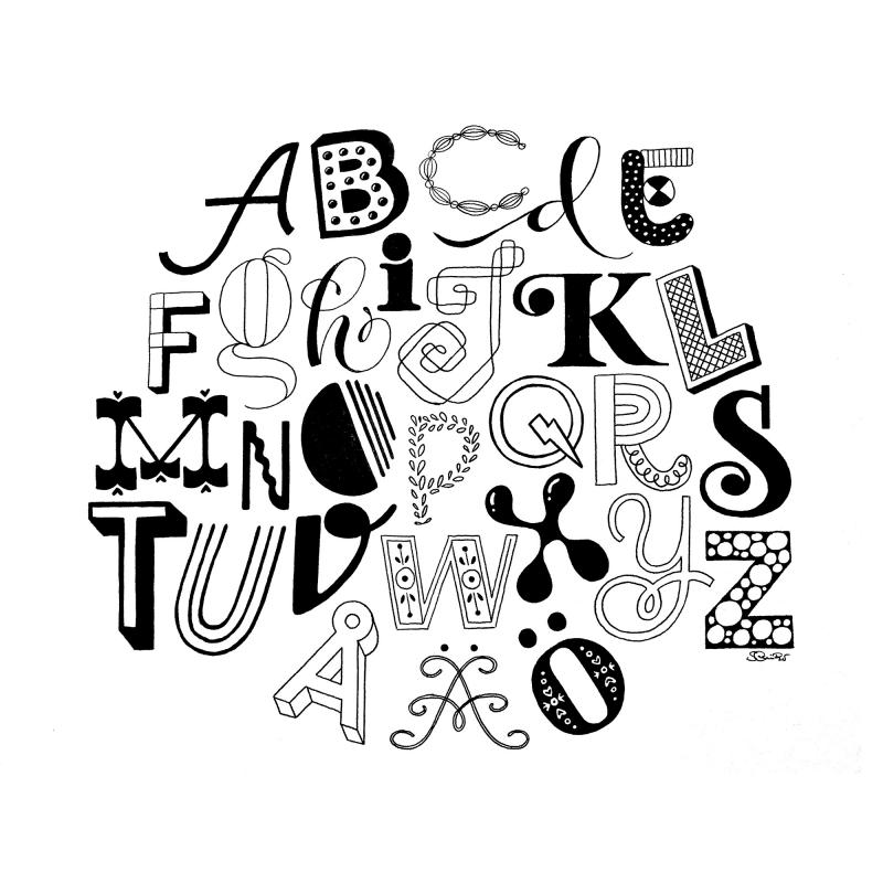 Sofie Björkgren-Näse. Lettering ABC, 2023. Ink on watercolour paper.